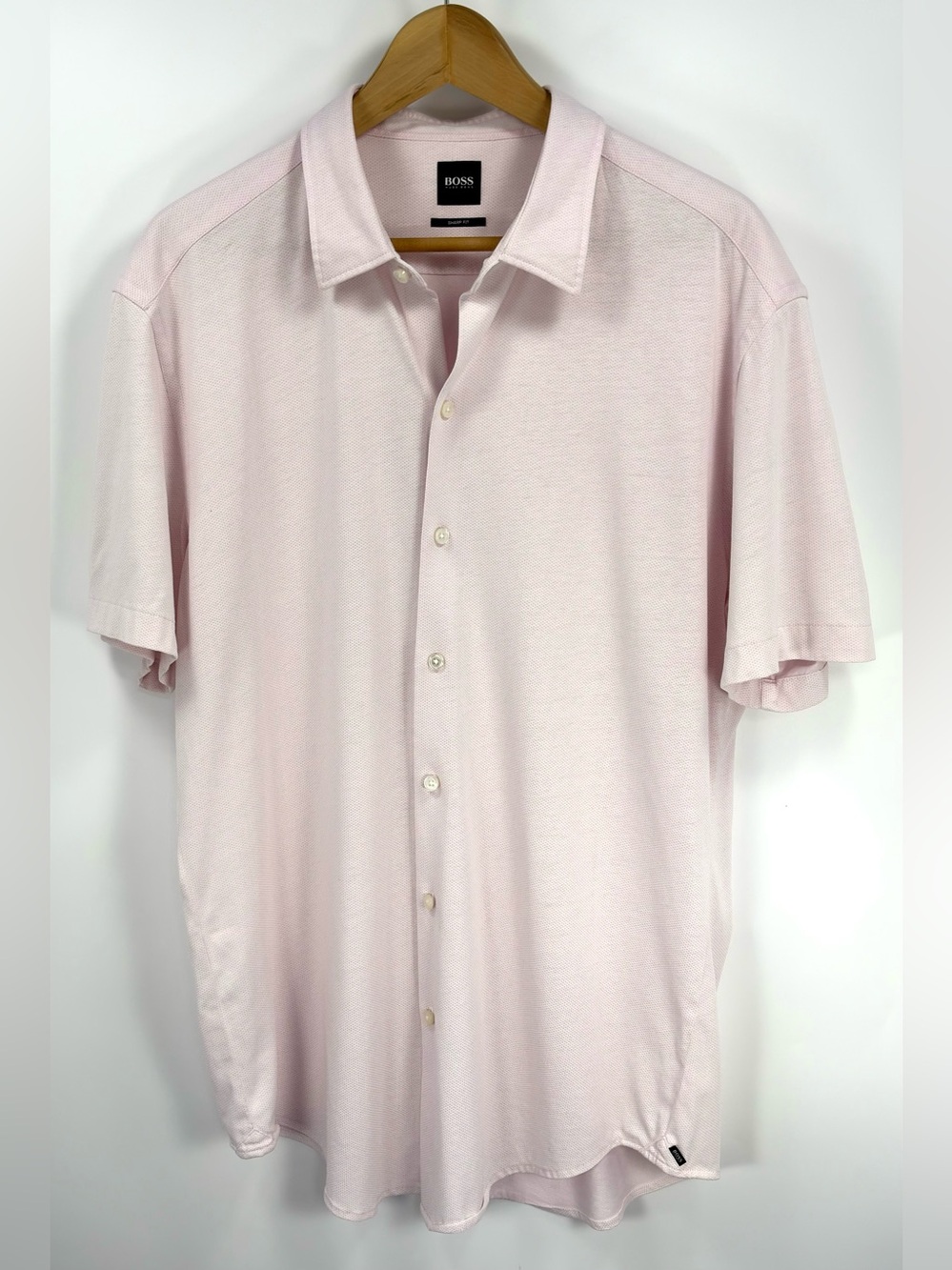 BOSS Hugo Boss Sharp Fit Pink Micro Print Short Sleeve Button Shirt XL Cotton